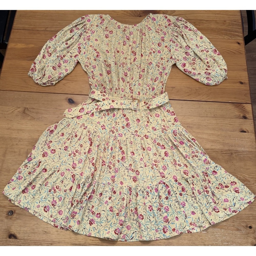 Lusana Anthropologie Floral Yellow Boho Cottage Prairie Tiered Belted Dress M